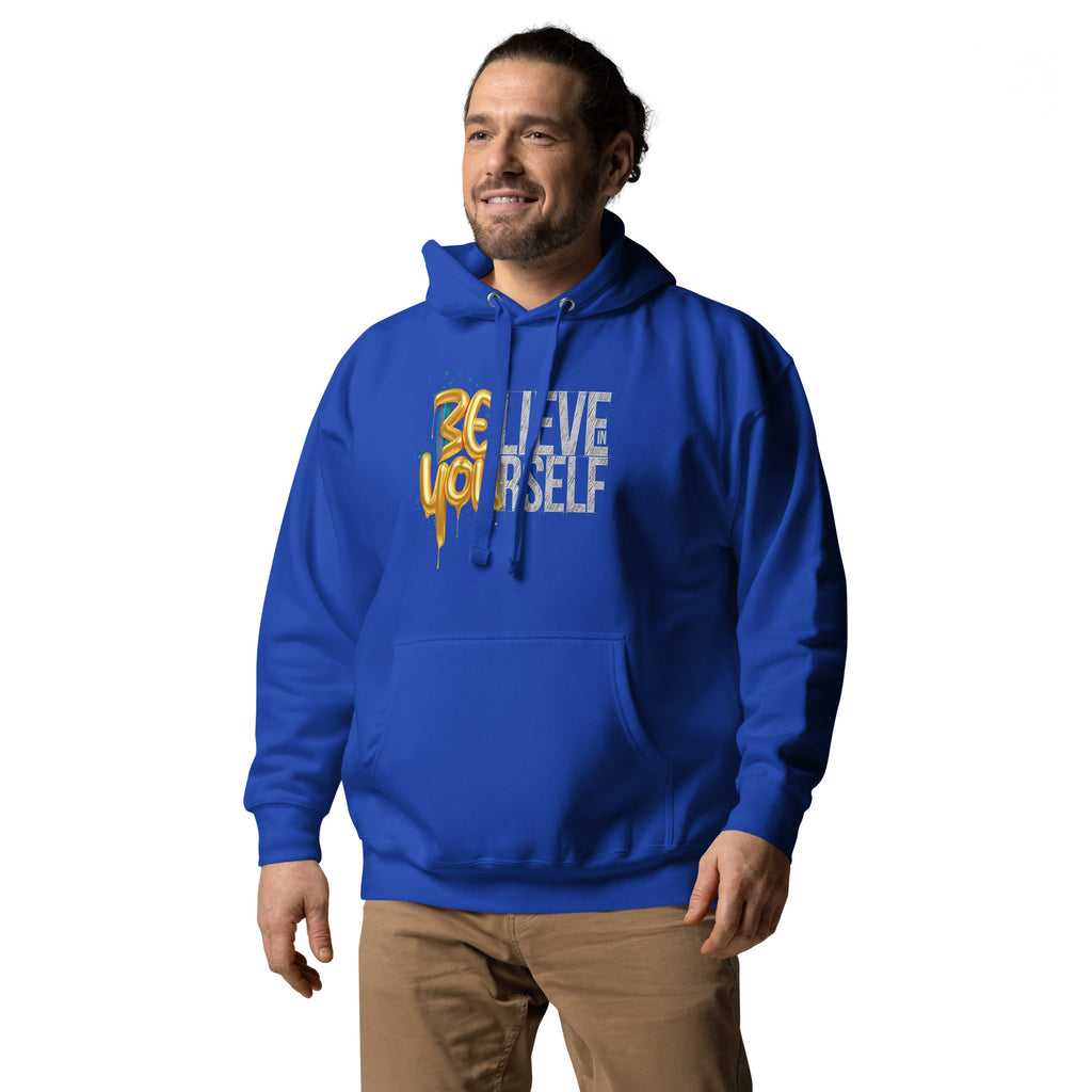 Back/detail view of Believe in Yourself – Adult Unisex Pullover Hoodie (Motivational graphic hoodie