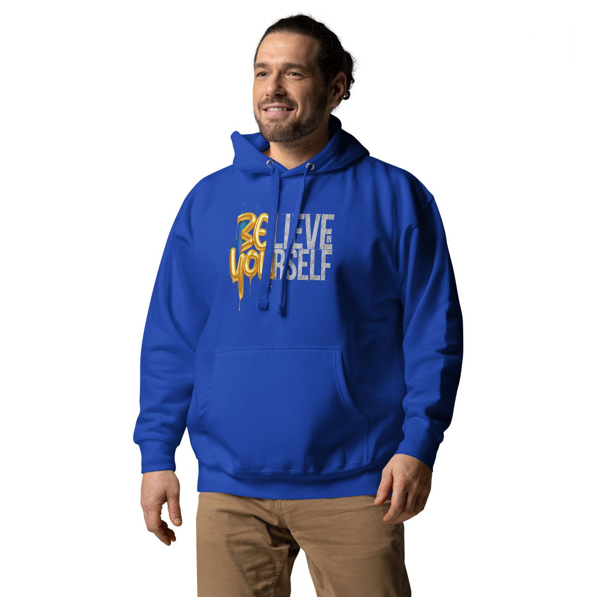 Back/detail view of Believe in Yourself – Adult Unisex Pullover Hoodie (Motivational graphic hoodie