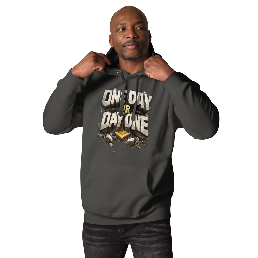 Back/detail view of One Day or Day One – Premium Unisex Pullover Hoodie (Motivation Quote) graphic hoodie