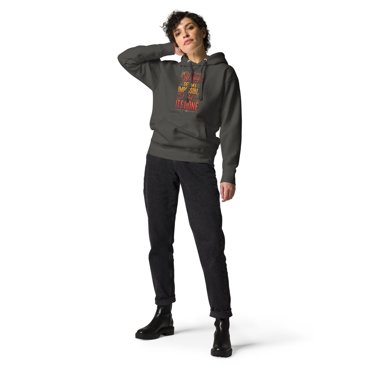 Back/detail view of It Always Seems Impossible Until It’s Done graphic hoodie