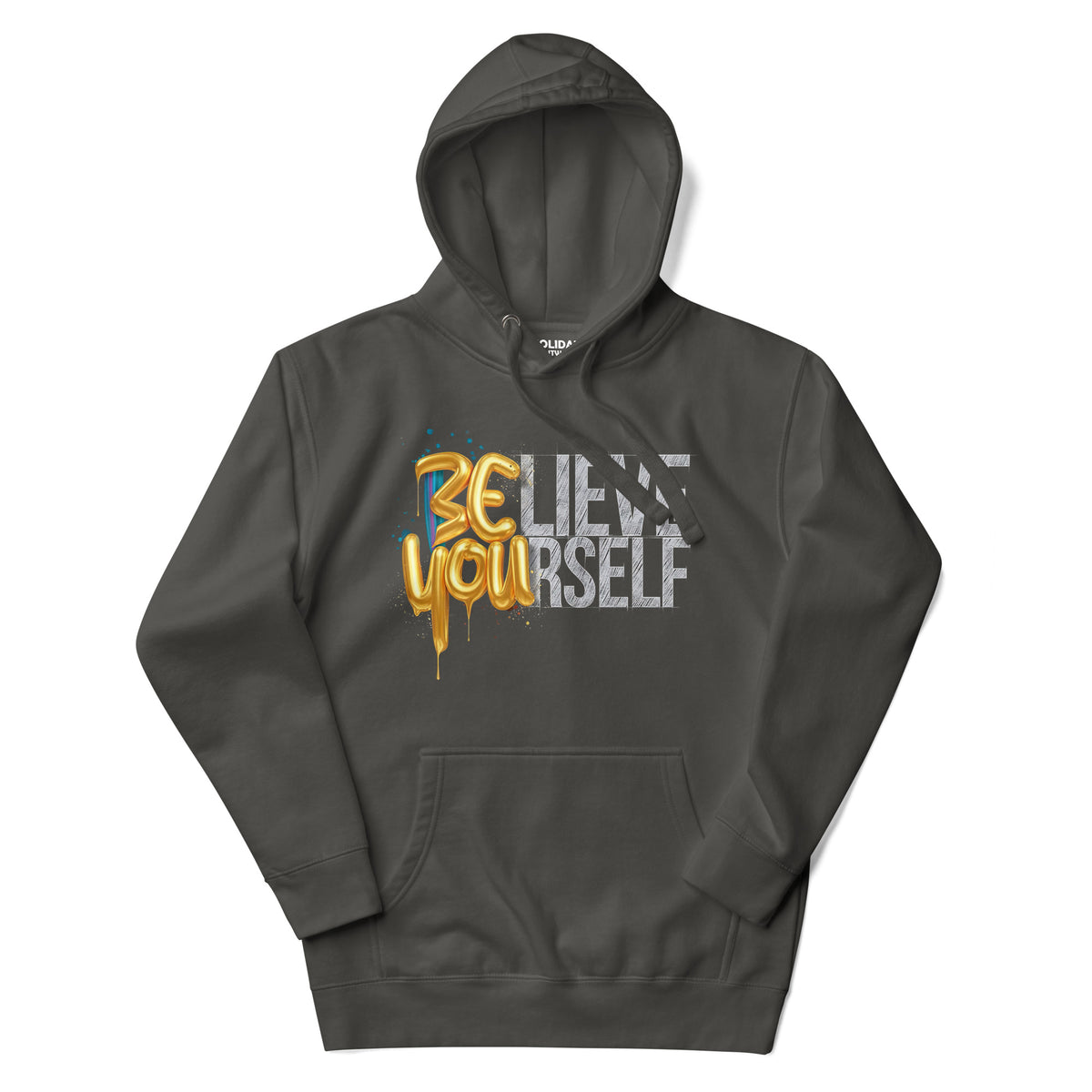 Back/detail view of Believe in Yourself – Adult Unisex Pullover Hoodie (Motivational graphic hoodie
