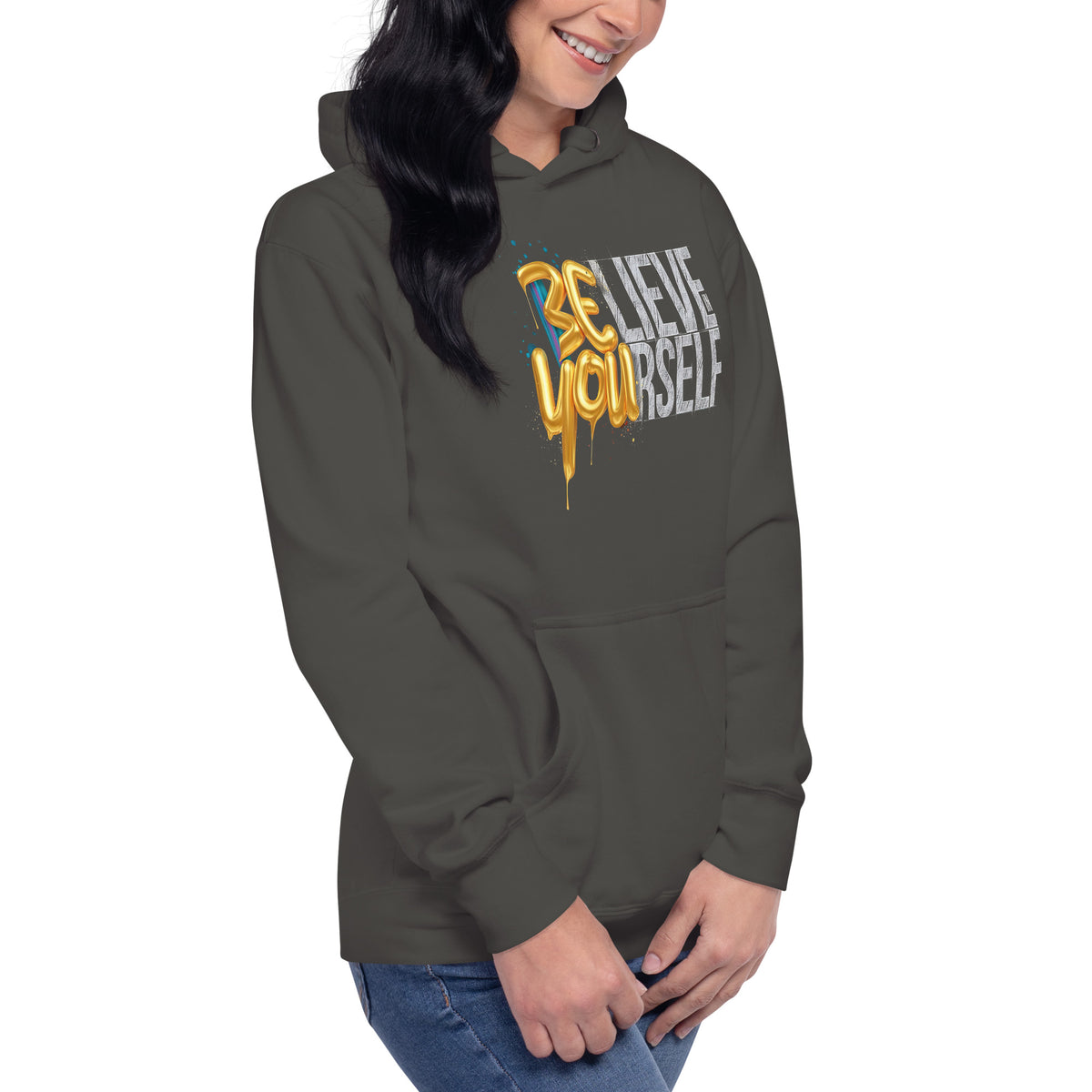 Back/detail view of Believe in Yourself – Adult Unisex Pullover Hoodie (Motivational graphic hoodie