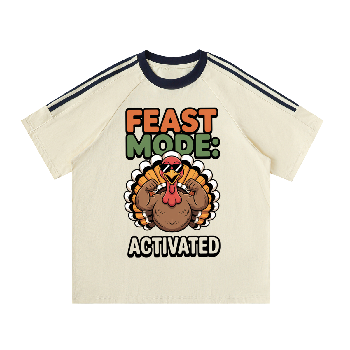 Back/detail view of Feast Mode: Activated – Funny Thanksgiving Contrast Tape T-Shirt (100% graphic T-shirt