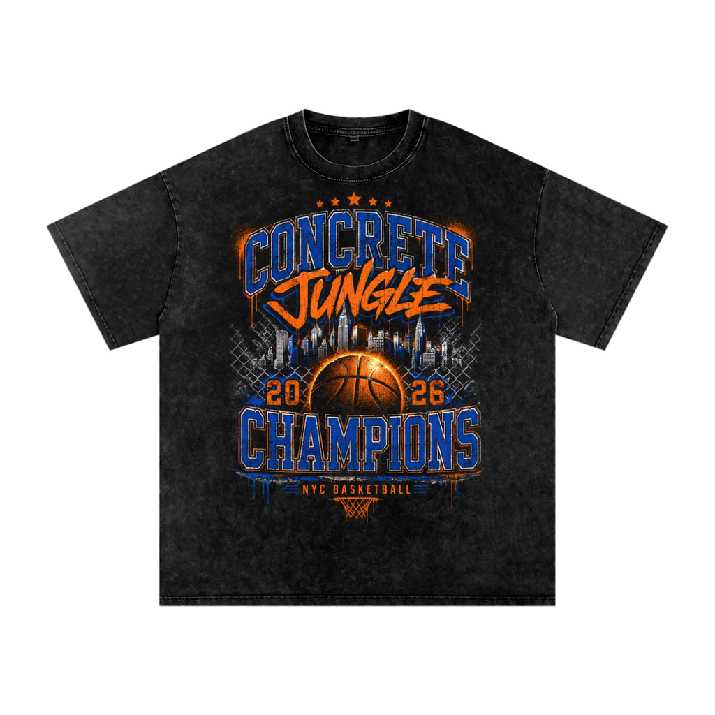 Front/product view of Concrete Jungle Champions 2026 Distressed Washed Snow Washed Oversized graphic T-shirt