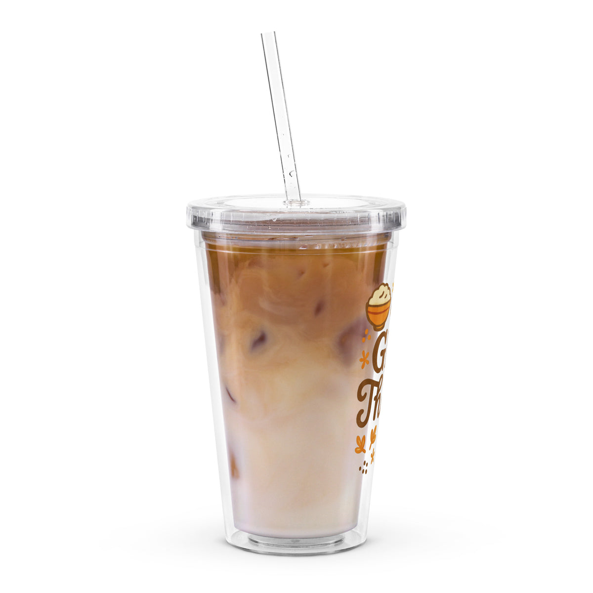 Back/detail view of Give Thanks Tumbler – 16 oz Insulated Clear Cup with Straw tumbler