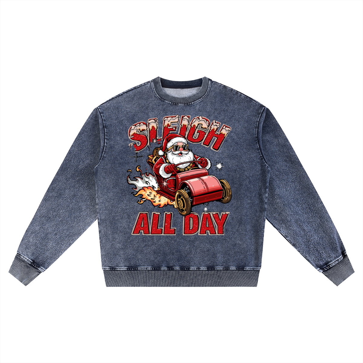 Back/detail view of Sleigh All Day – Snow Wash Oversized Crewneck Sweatshirt (Unisex graphic sweatshirt