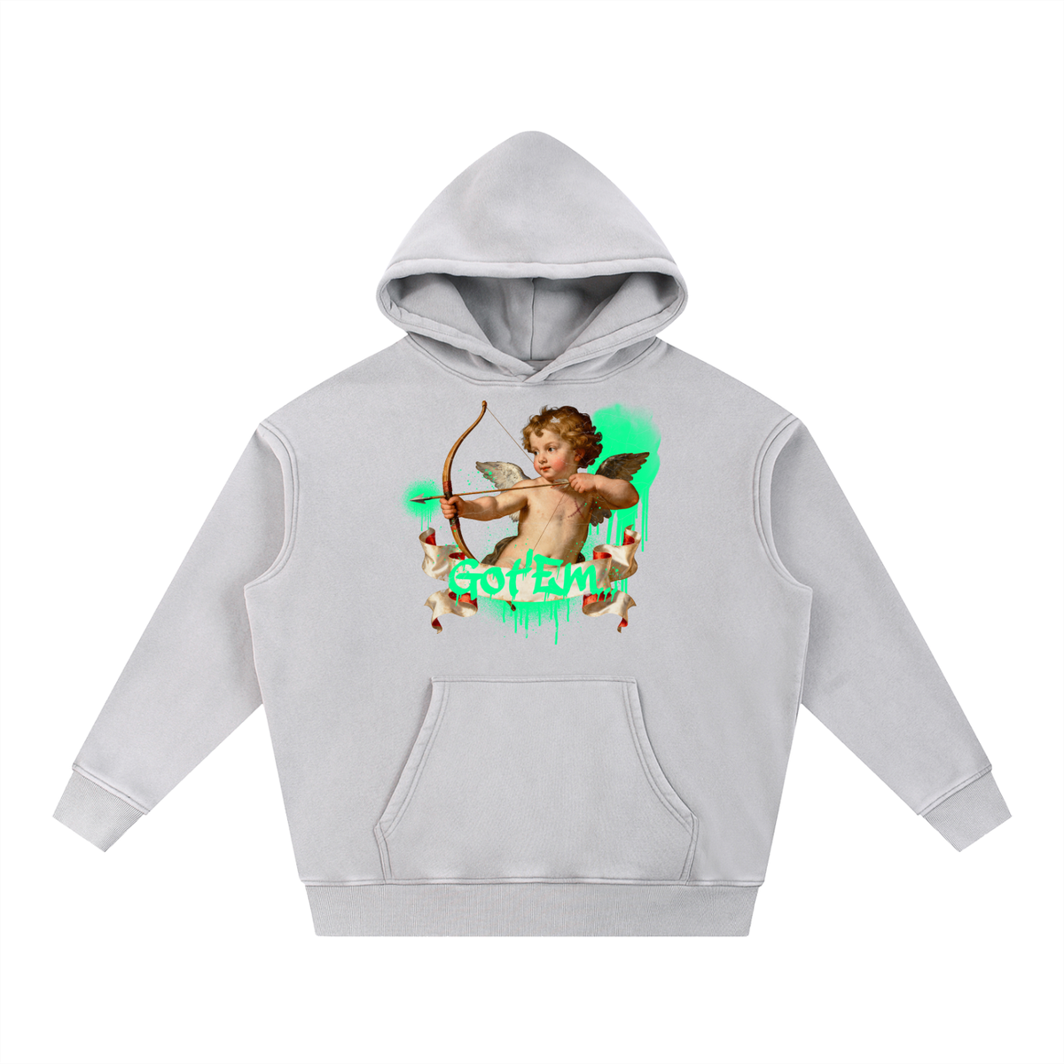 Back/detail view of Got ’Em — Cupid Tag Hoodie (Matching “Too Easy” Available) graphic hoodie