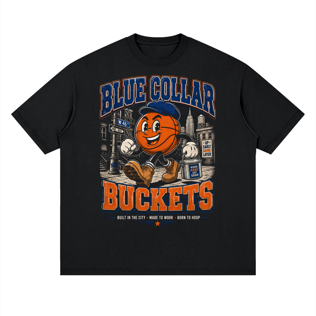 Front/product view of Blue Collar Buckets NYC Street Basketball graphic T-shirt