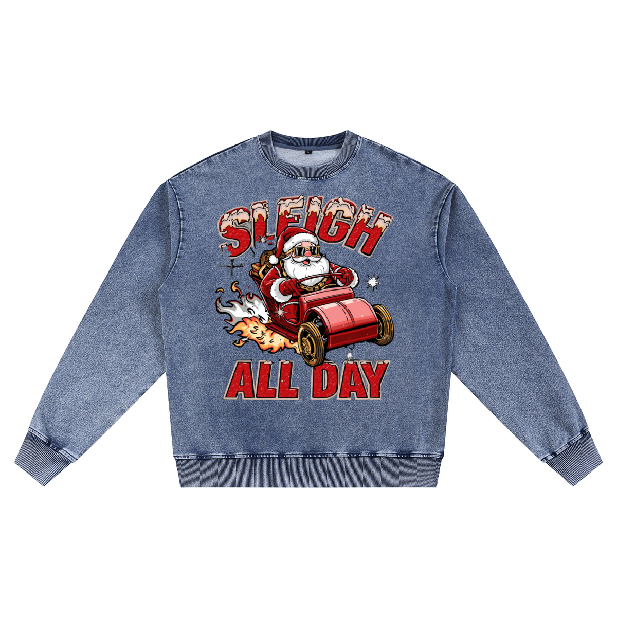 Back/detail view of Sleigh All Day – Snow Wash Oversized Crewneck Sweatshirt (Unisex graphic sweatshirt