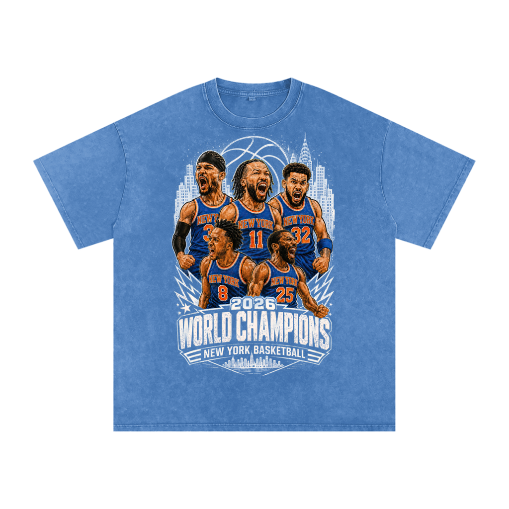 Back/detail view of New York Basketball 2026 World Champions Snow Washed Oversized Cotton graphic T-shirt