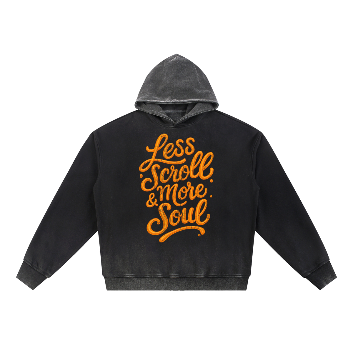 Front/product view of Less Scroll More Soul – Distressed Vintage Washed Oversized Gradient graphic hoodie