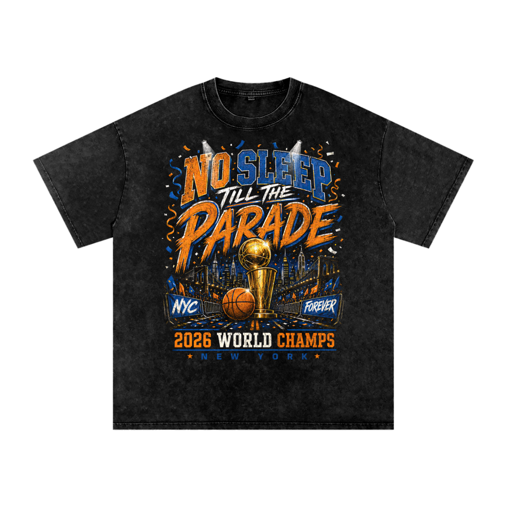 Front/product view of No Sleep Till the Parade 2026 World Champs Snow Washed Oversized graphic T-shirt