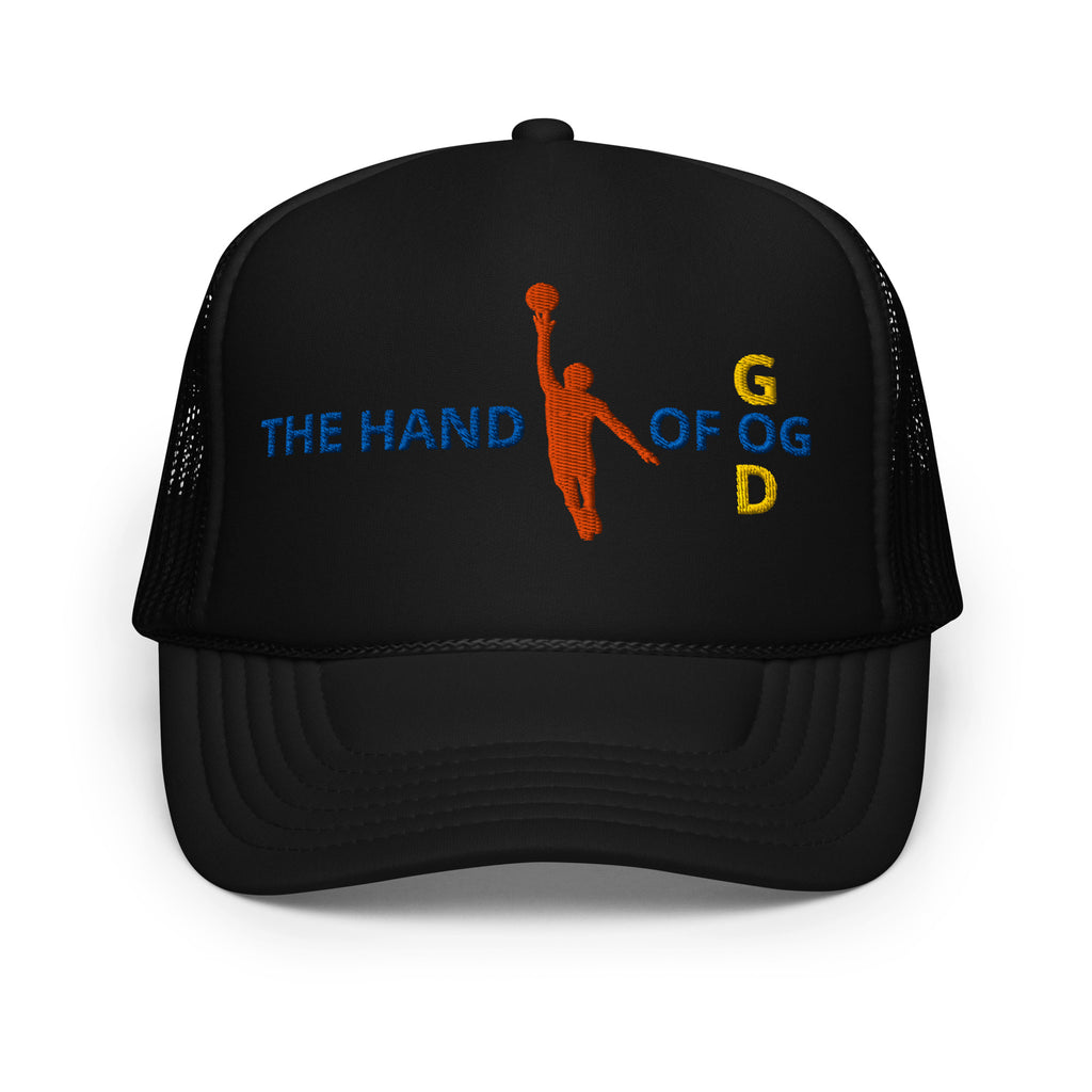 Front/product view of The Hand of OG (God) Foam Trucker Hat hat