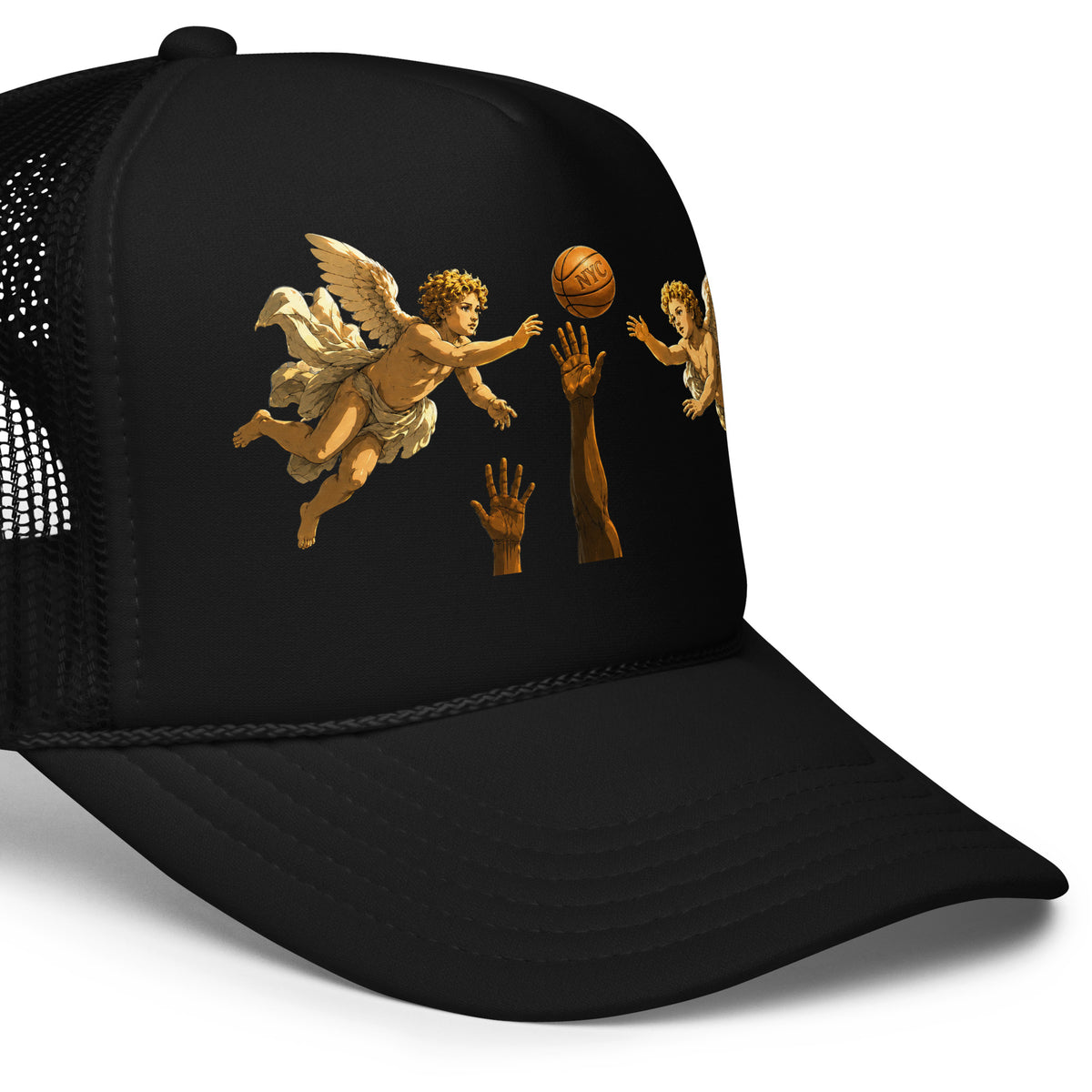 Back/detail view of Hand of OG Angels Above Foam Trucker Hat hat