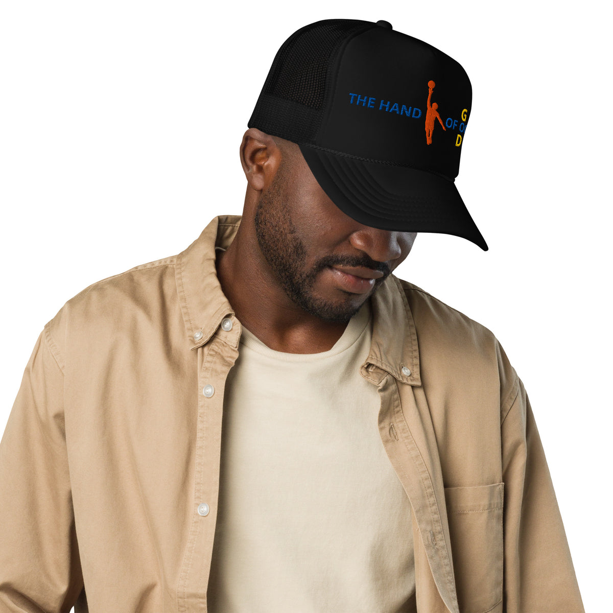 Back/detail view of The Hand of OG (God) Foam Trucker Hat hat