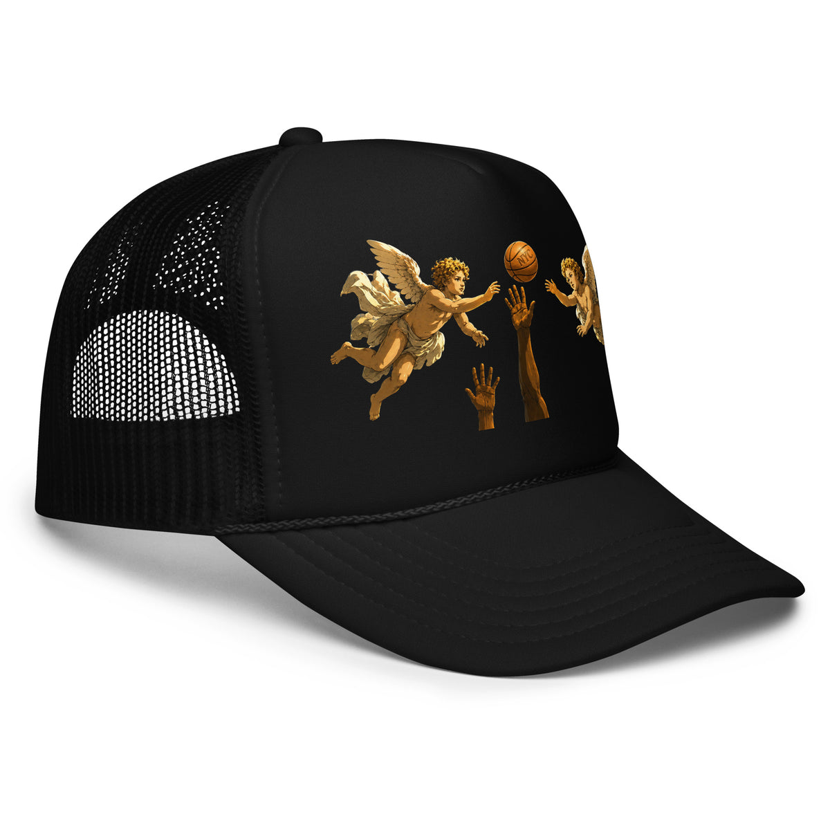 Back/detail view of Hand of OG Angels Above Foam Trucker Hat hat