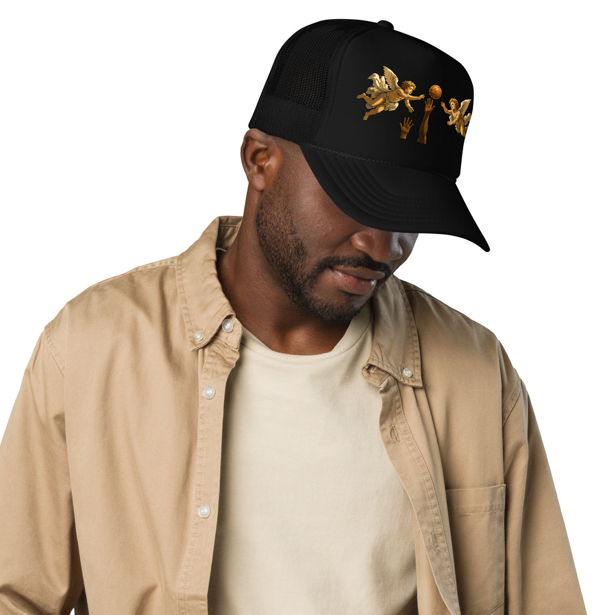 Back/detail view of Hand of OG Angels Above Foam Trucker Hat hat