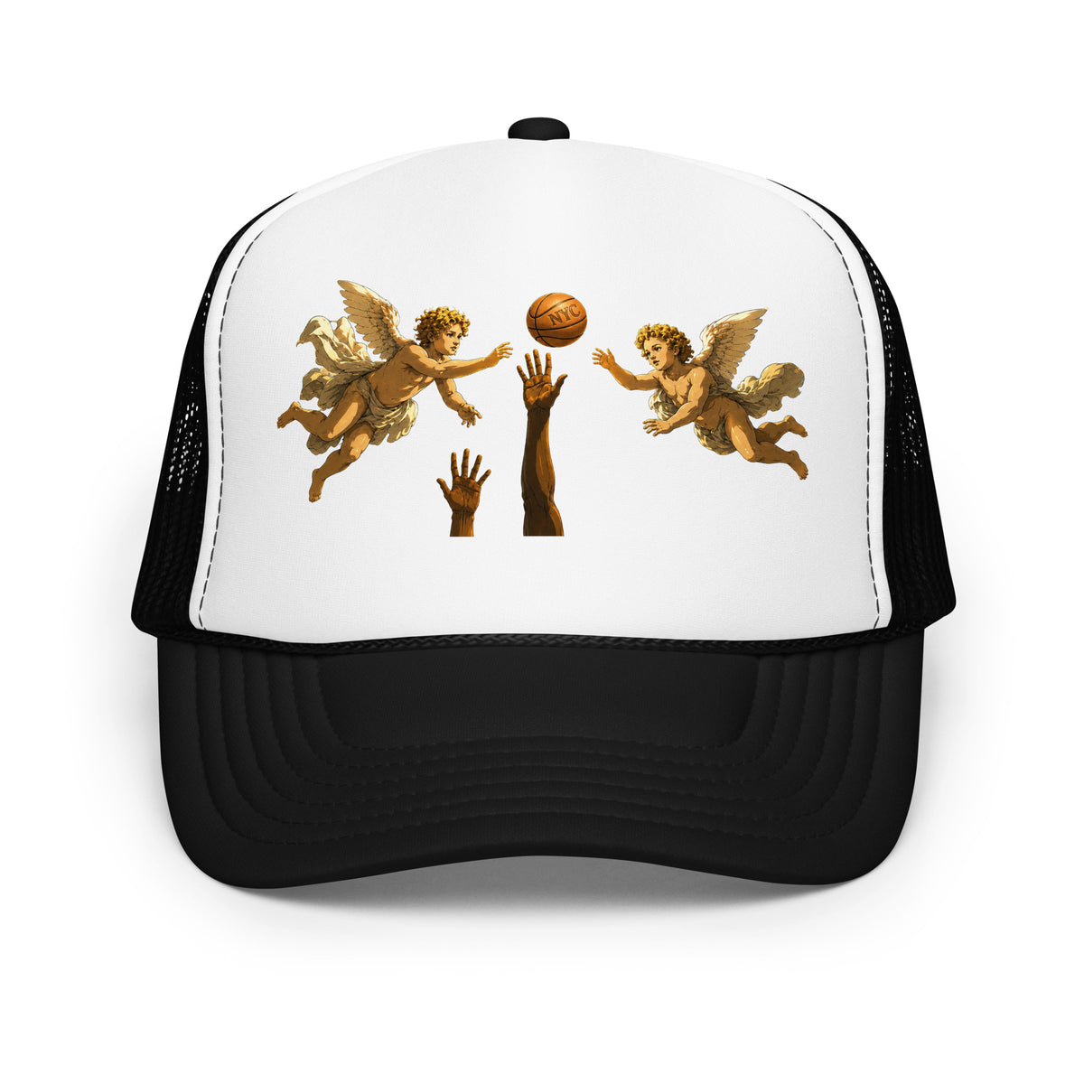 Back/detail view of Hand of OG Angels Above Foam Trucker Hat hat
