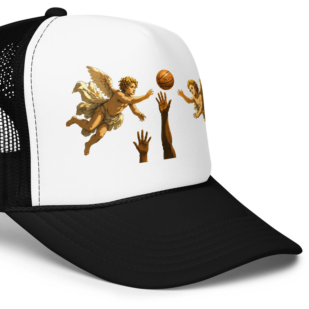 Back/detail view of Hand of OG Angels Above Foam Trucker Hat hat