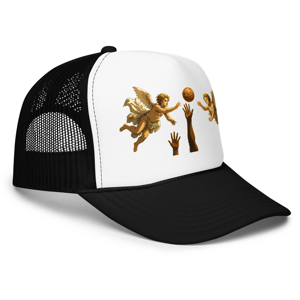 Back/detail view of Hand of OG Angels Above Foam Trucker Hat hat