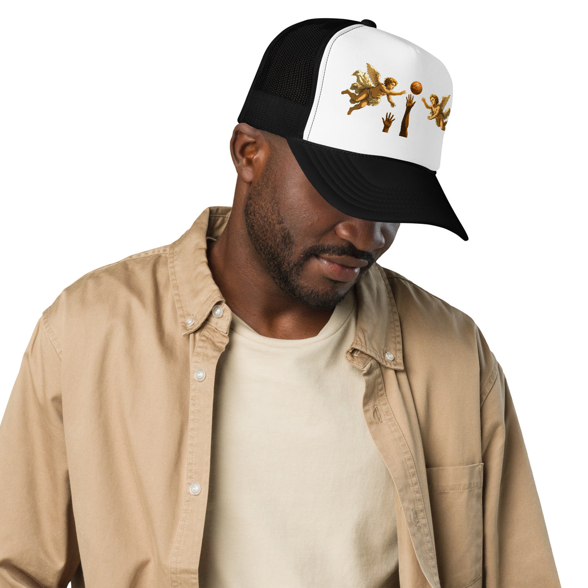 Back/detail view of Hand of OG Angels Above Foam Trucker Hat hat