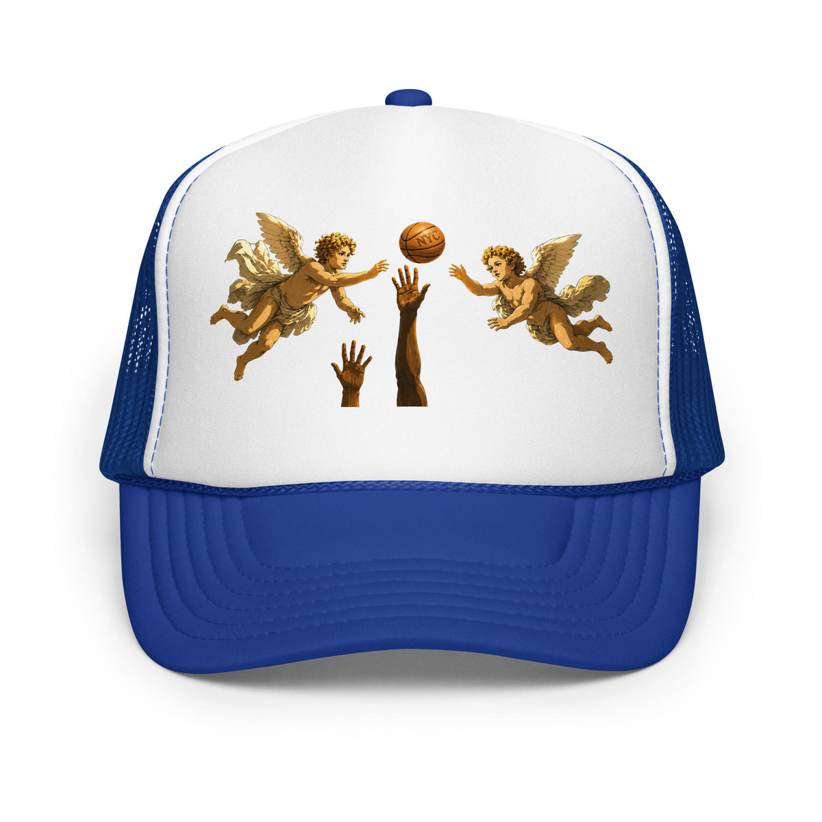 Back/detail view of Hand of OG Angels Above Foam Trucker Hat hat