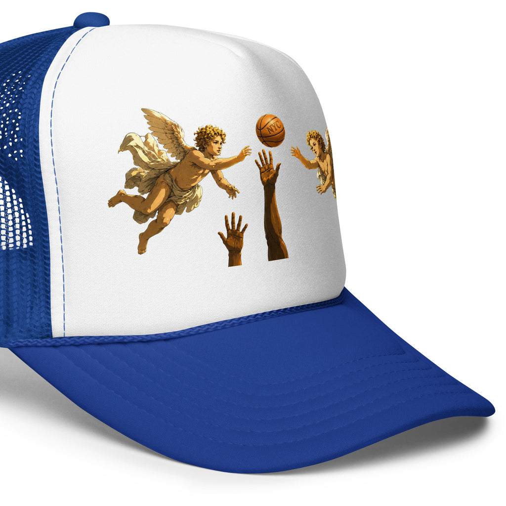 Back/detail view of Hand of OG Angels Above Foam Trucker Hat hat