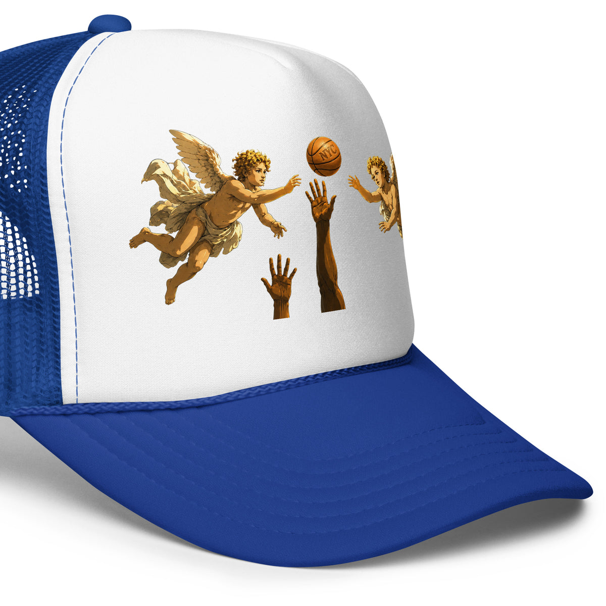Back/detail view of Hand of OG Angels Above Foam Trucker Hat hat