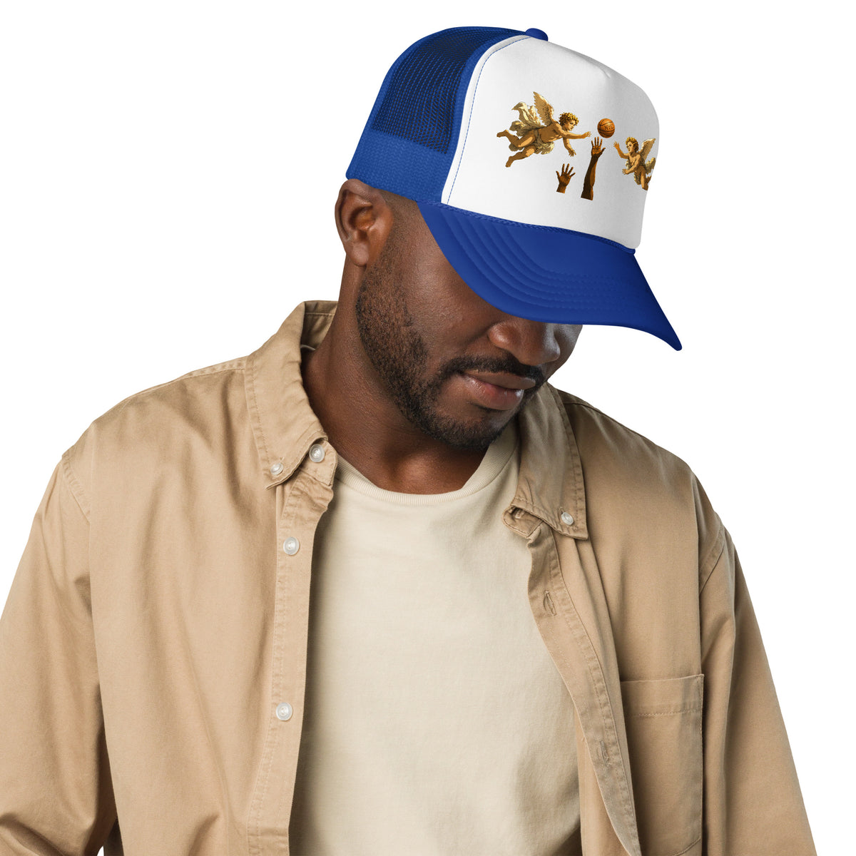 Back/detail view of Hand of OG Angels Above Foam Trucker Hat hat