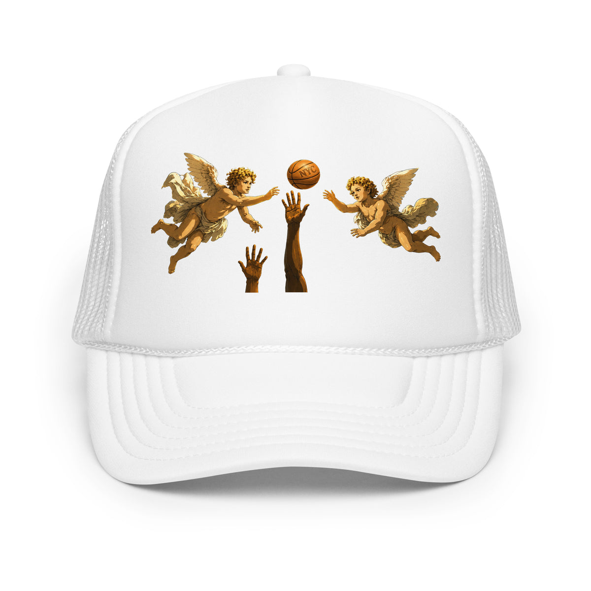 Back/detail view of Hand of OG Angels Above Foam Trucker Hat hat