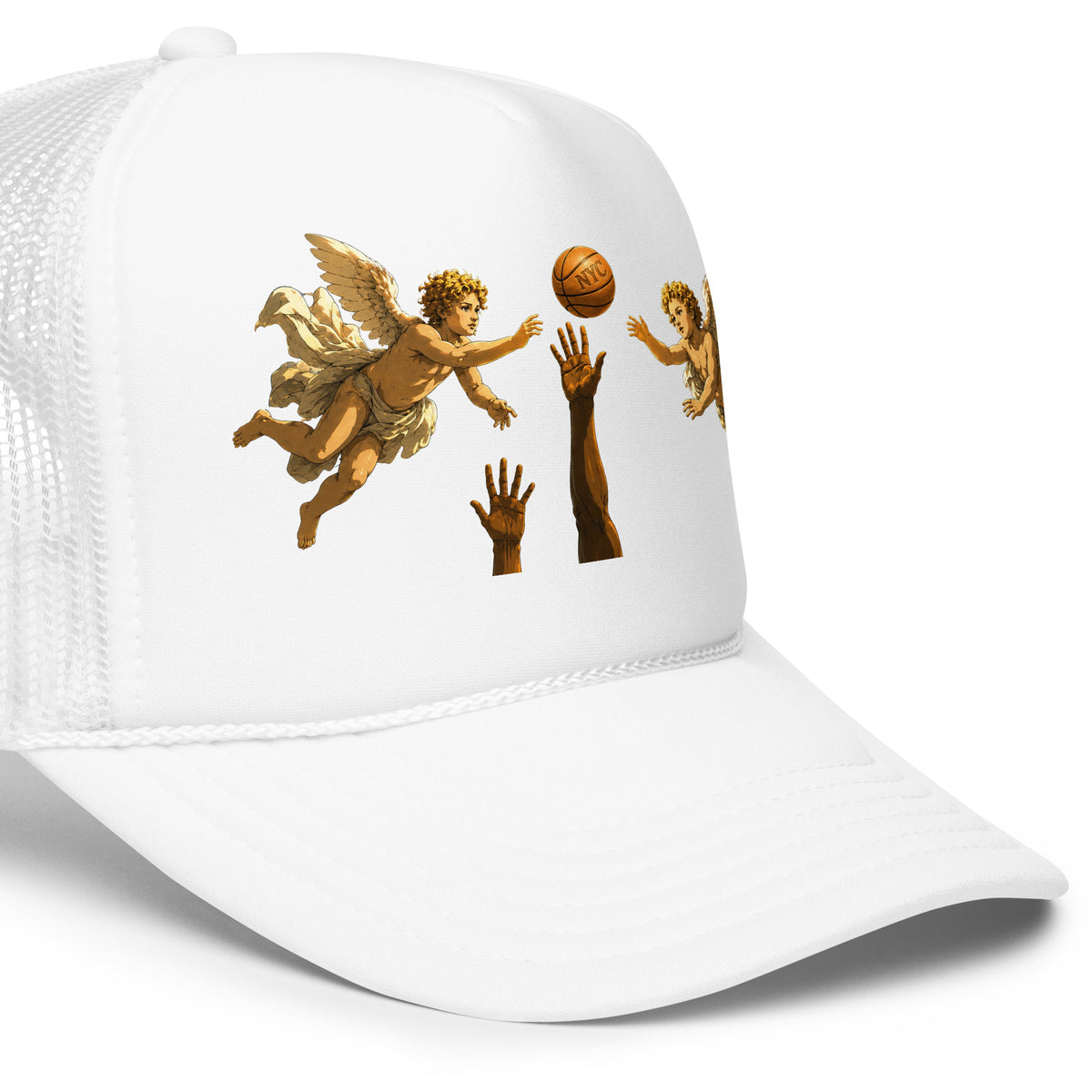 Back/detail view of Hand of OG Angels Above Foam Trucker Hat hat