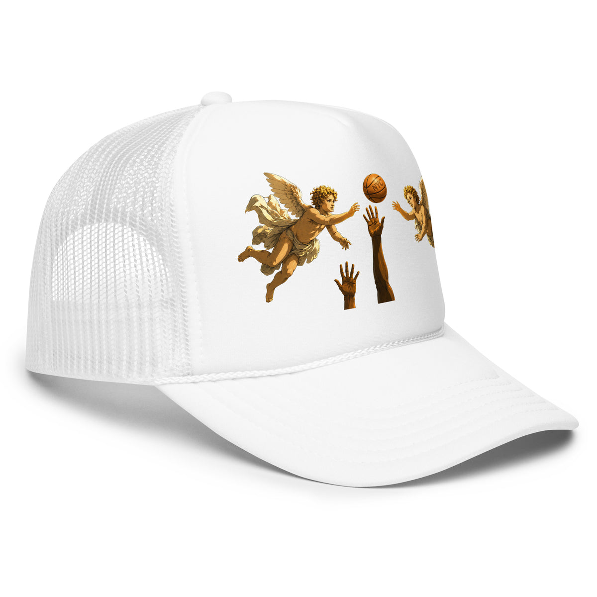 Back/detail view of Hand of OG Angels Above Foam Trucker Hat hat