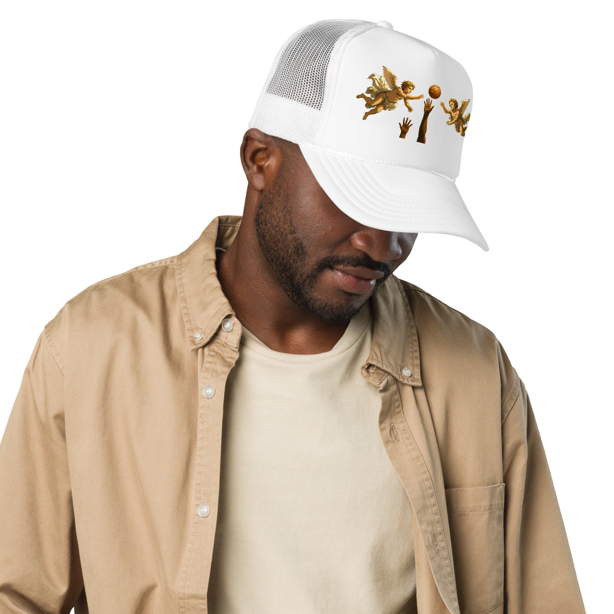 Back/detail view of Hand of OG Angels Above Foam Trucker Hat hat