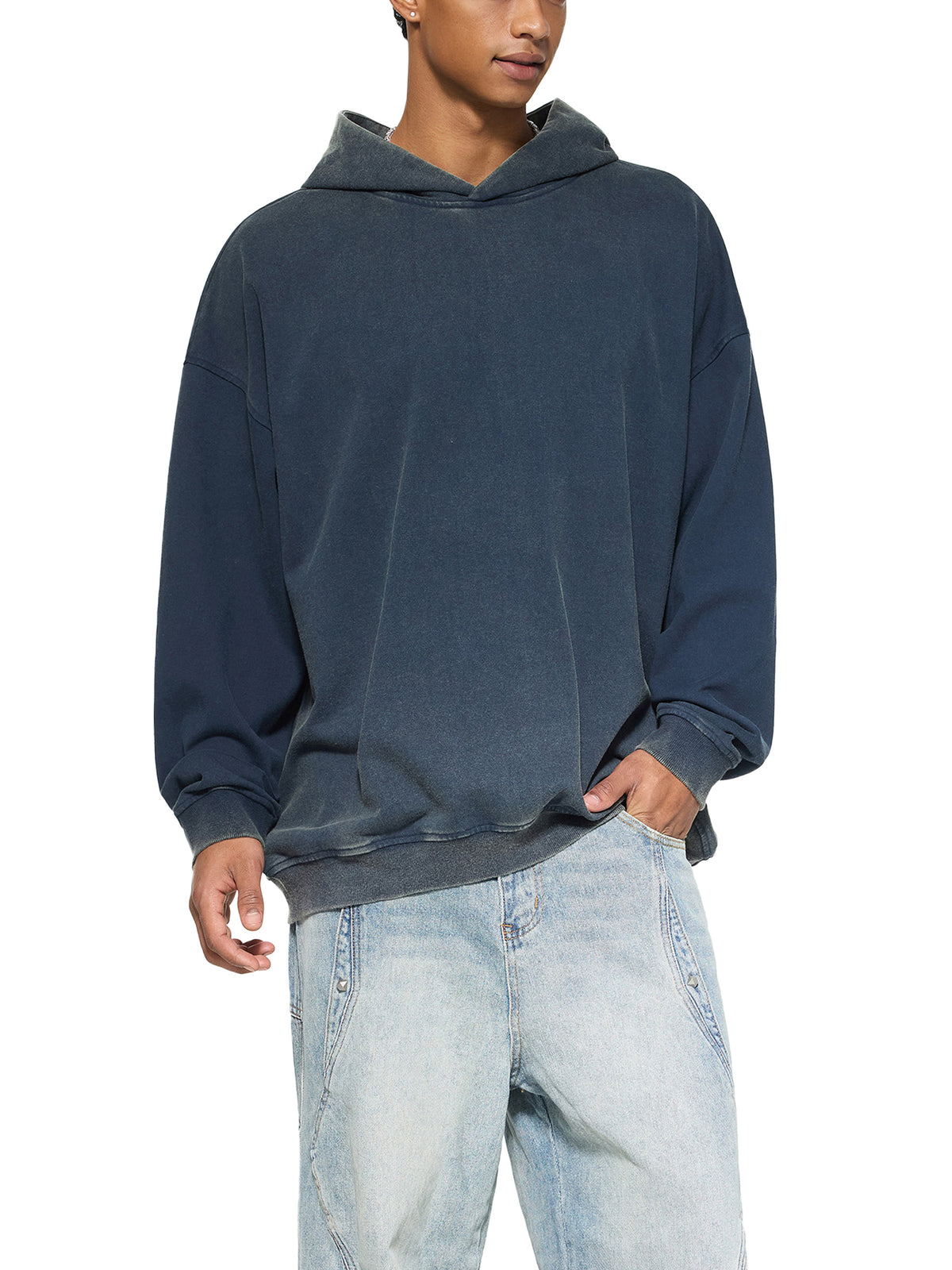 Back/detail view of Less Scroll More Soul – Distressed Vintage Washed Oversized Gradient graphic hoodie