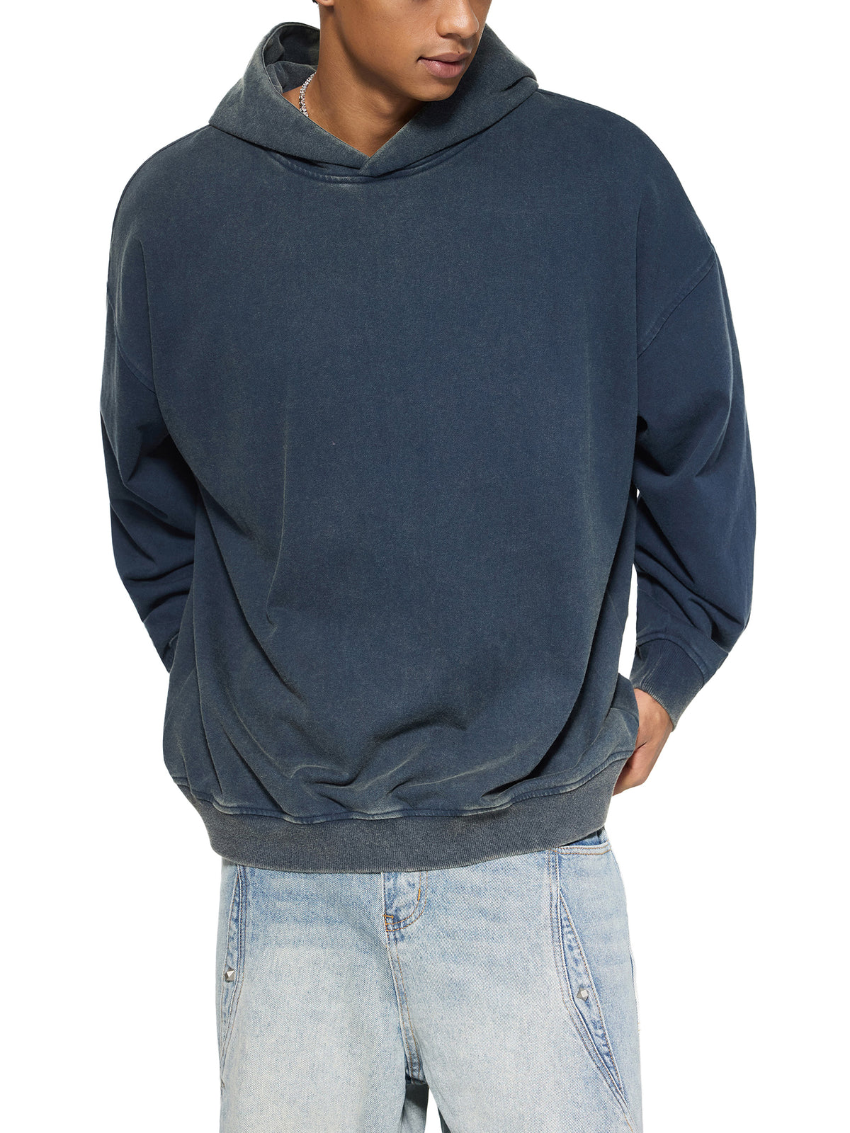 Back/detail view of Less Scroll More Soul – Distressed Vintage Washed Oversized Gradient graphic hoodie