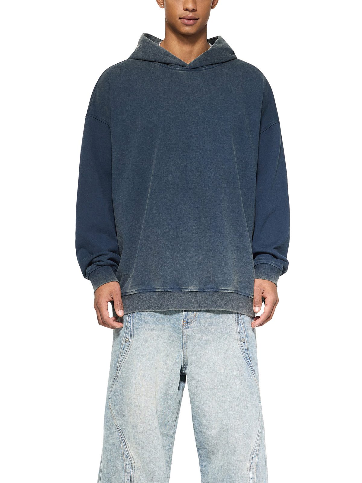 Back/detail view of Less Scroll More Soul – Distressed Vintage Washed Oversized Gradient graphic hoodie