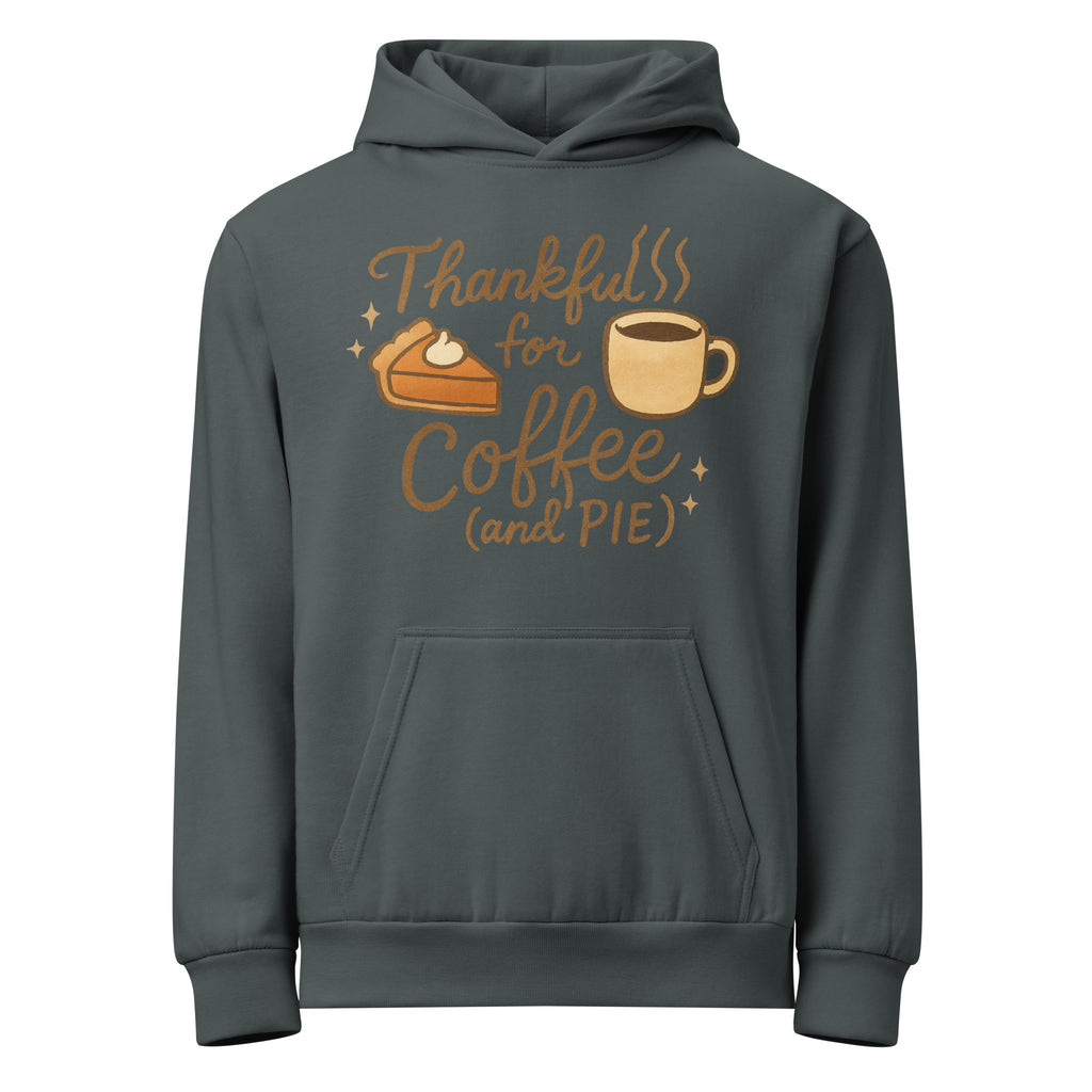 Back/detail view of Thankful for Coffee (and Pie) – Urban Garment-Dyed Hoodie (Oversized) graphic hoodie