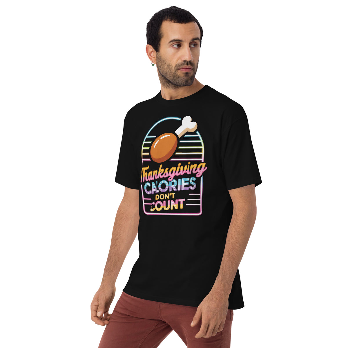 Back/detail view of Thanksgiving Calories Don’t Count – Men’s Premium Heavyweight Tee graphic T-shirt