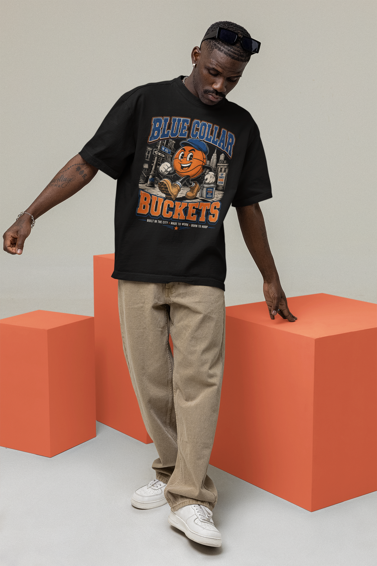 Blue Collar Buckets NYC Street Basketball - Streetwear Loose Drop Shoulder T-Shirt