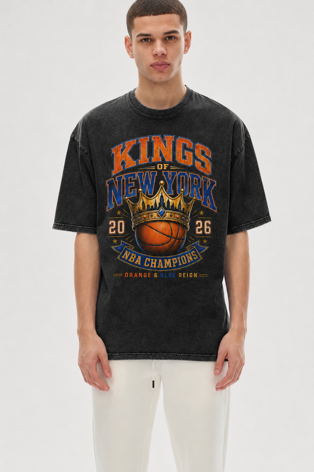 Kings of New York 2026 Orange & Blue Reign Vintage Washed Oversized Cotton T-Shirt