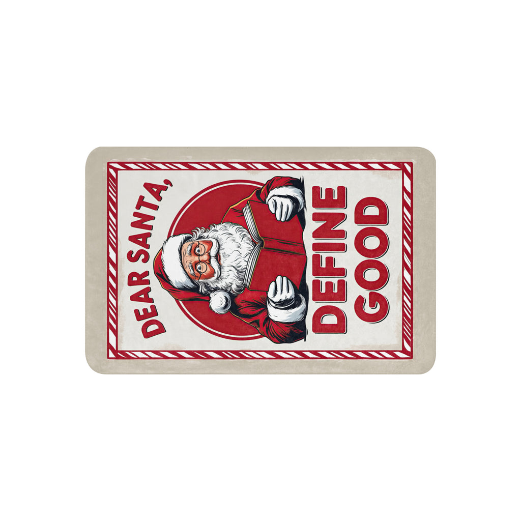 Back/detail view of Dear Santa, Define “Good” – Sublimated Sherpa Blanket (Ultra-Soft blanket