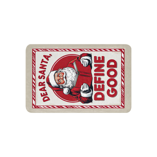 Back/detail view of Dear Santa, Define “Good” – Sublimated Sherpa Blanket (Ultra-Soft blanket
