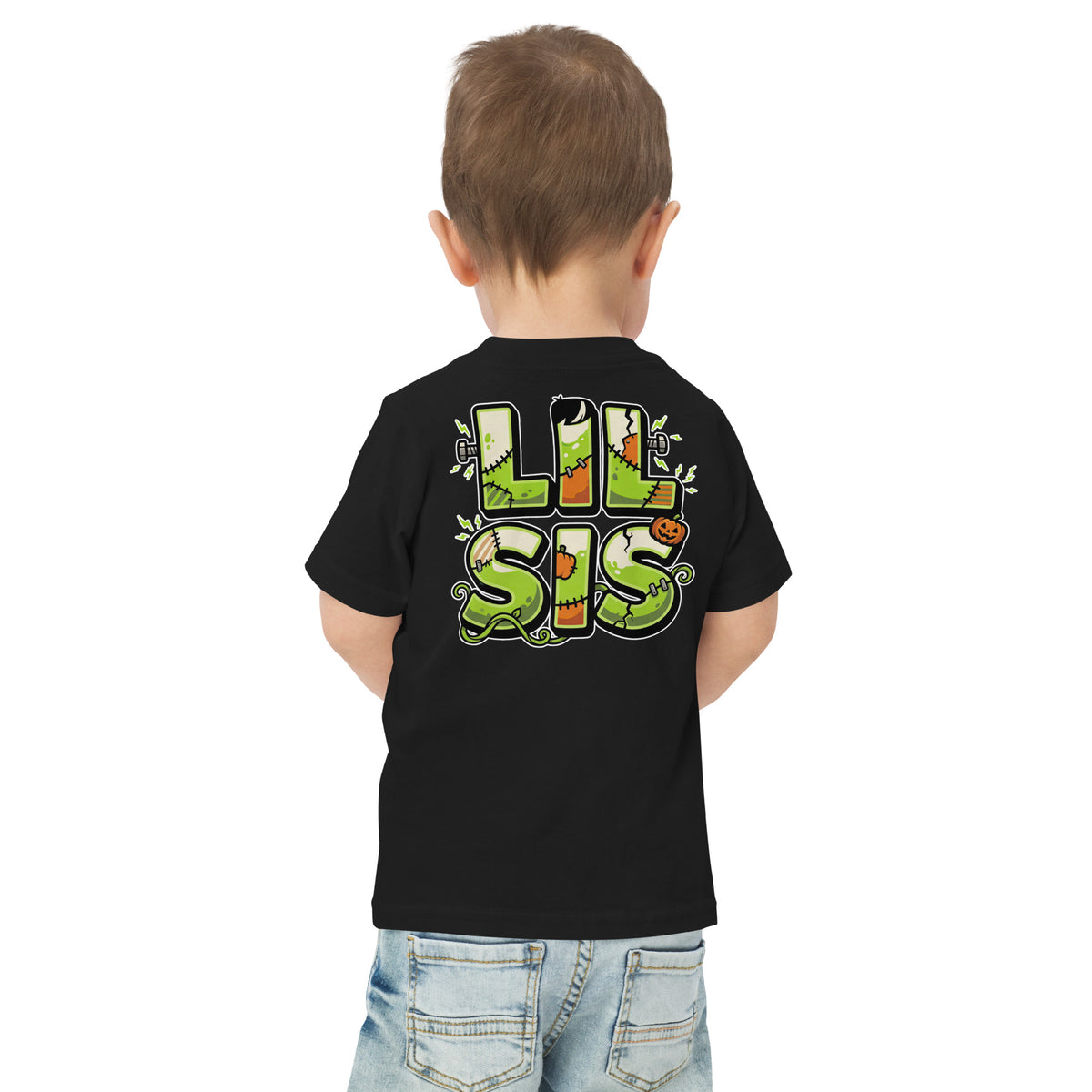 Haunted House Staff Lil Sis “Pumpkin Patch Patrol” Toddler Jersey T-Shirt with Pumpkin Patch Patrol front design and matching LIL SIS back graphic for Halloween family outfits