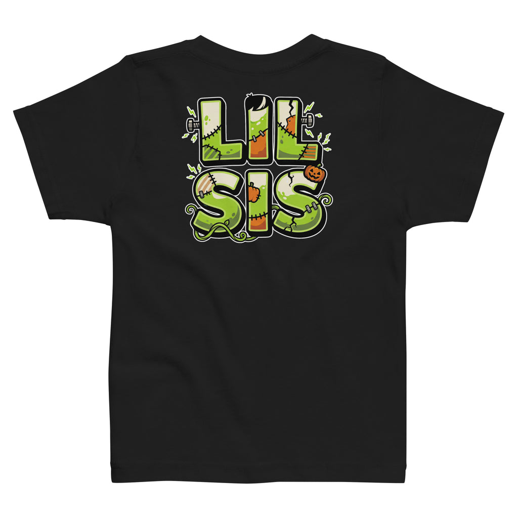 Haunted House Staff Lil Sis “Pumpkin Patch Patrol” Toddler Jersey T-Shirt with Pumpkin Patch Patrol front design and matching LIL SIS back graphic for Halloween family outfits