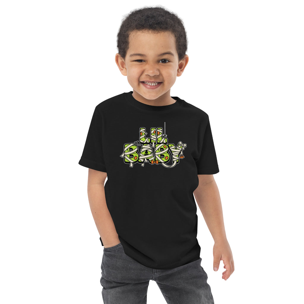 LIL BABY Halloween monster name Toddler Jersey T-Shirt in Navy with spooky front lettering and blank back