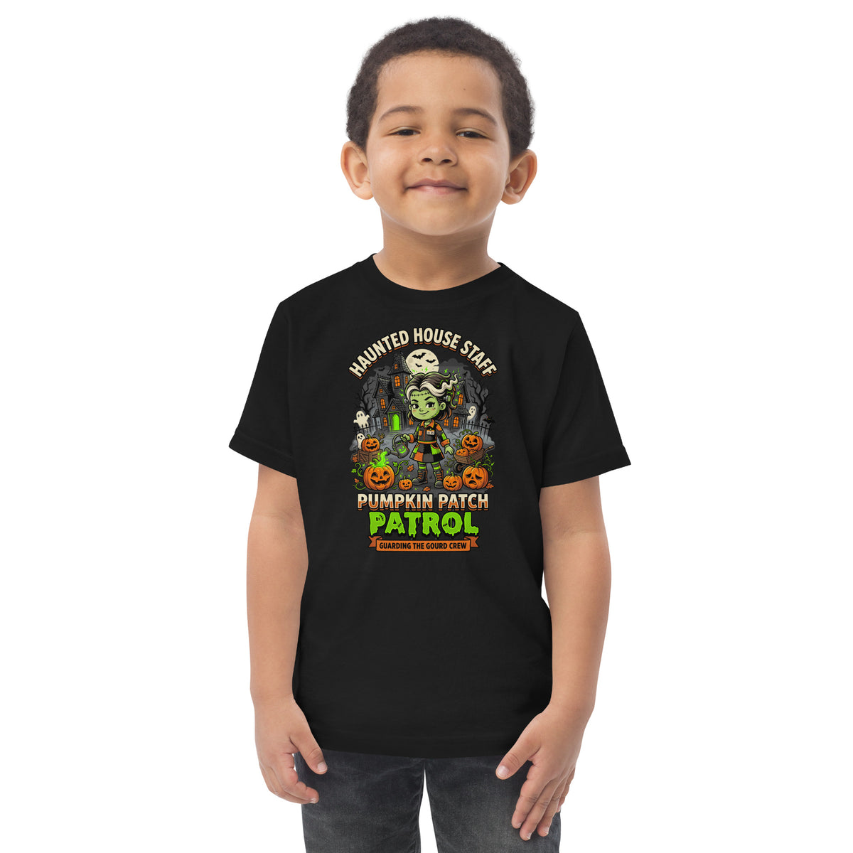 Haunted House Staff Lil Sis “Pumpkin Patch Patrol” Toddler Jersey T-Shirt with Pumpkin Patch Patrol front design and matching LIL SIS back graphic for Halloween family outfits