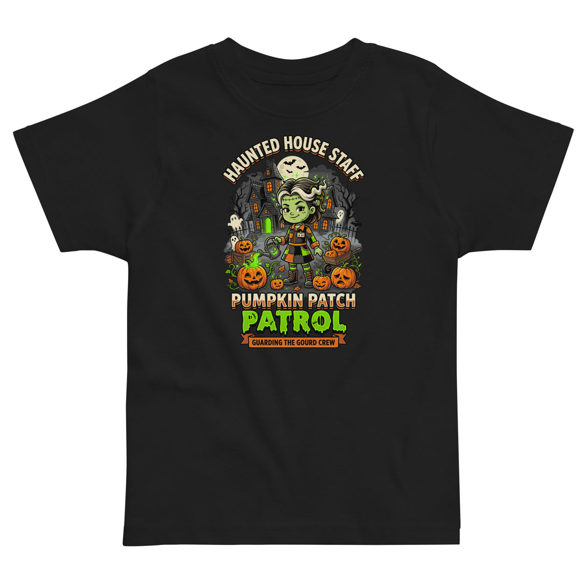 Haunted House Staff Lil Sis “Pumpkin Patch Patrol” Toddler Jersey T-Shirt with Pumpkin Patch Patrol front design and matching LIL SIS back graphic for Halloween family outfits