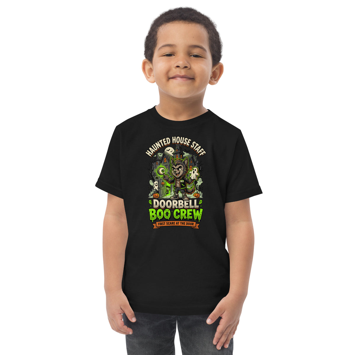 Haunted House Staff Lil Bro “Doorbell Boo Crew” Toddler Jersey T-Shirt with Doorbell Boo Crew front design and matching LIL BRO back graphic for Halloween family outfits