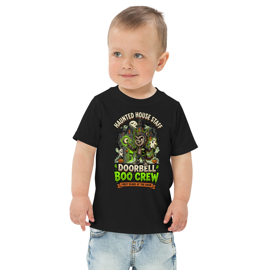 Haunted House Staff Lil Bro “Doorbell Boo Crew” Toddler Jersey T-Shirt with Doorbell Boo Crew front design and matching LIL BRO back graphic for Halloween family outfits