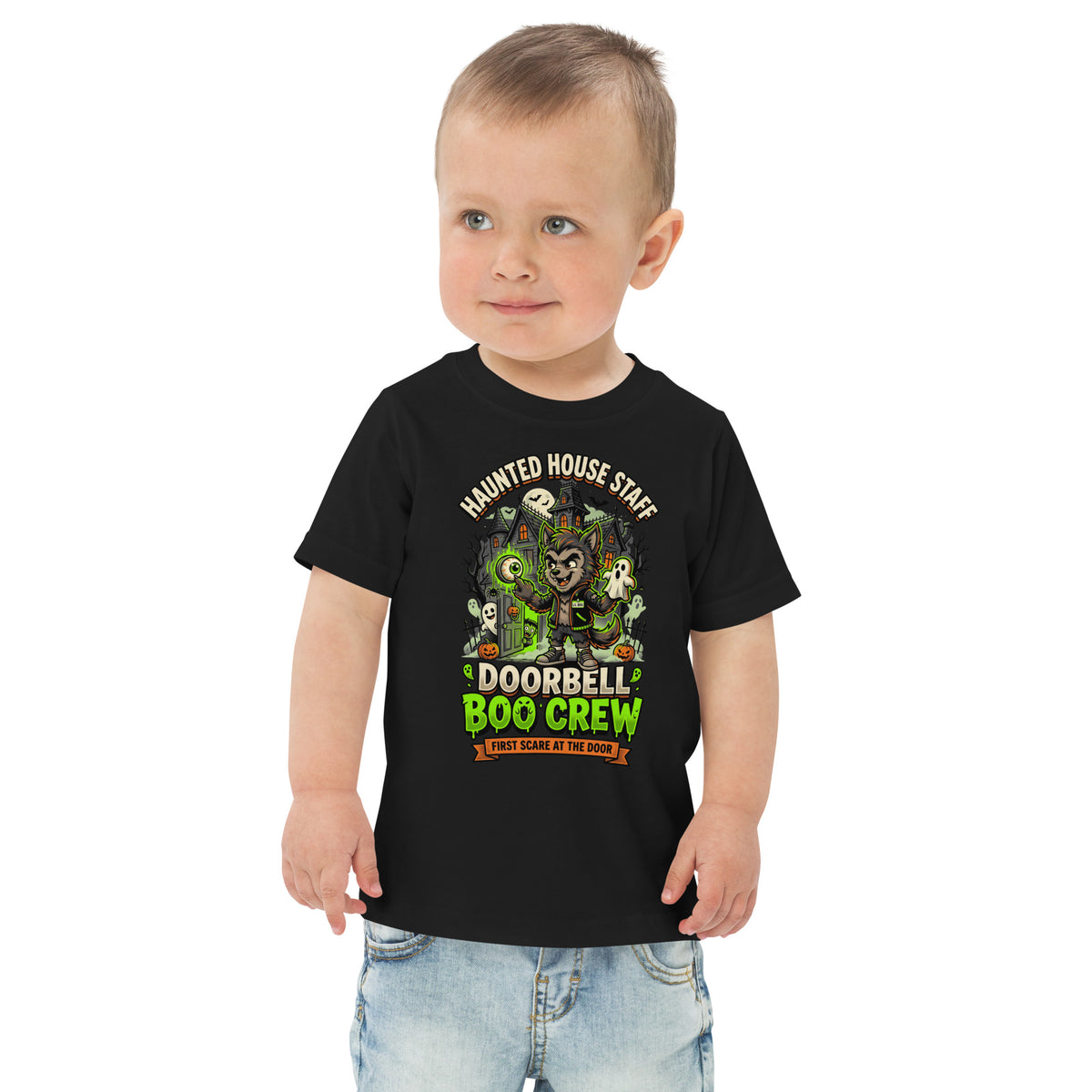 Haunted House Staff Lil Bro “Doorbell Boo Crew” Toddler Jersey T-Shirt with Doorbell Boo Crew front design and matching LIL BRO back graphic for Halloween family outfits